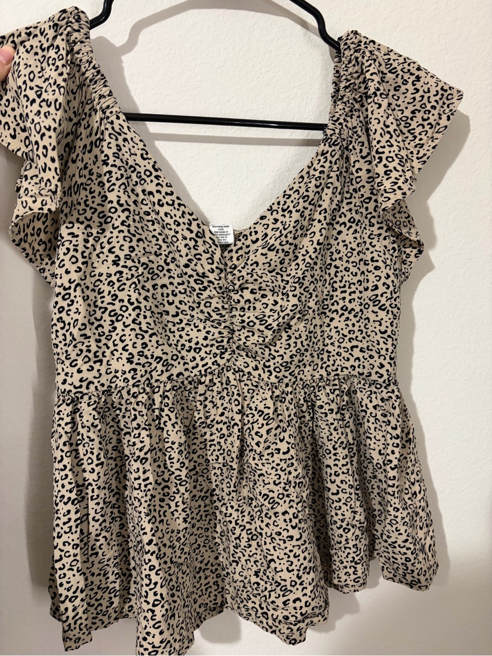 Japna Beige and Black Leopard Print Flutter Peplum Top